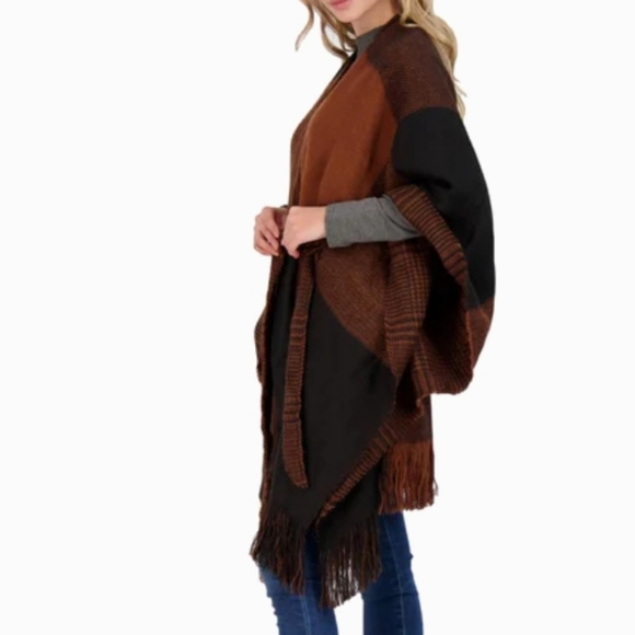 Halston Ruana Wrap - Belted Cardigan Sweater Burgandy Navy NWT - Picture 2 of 12